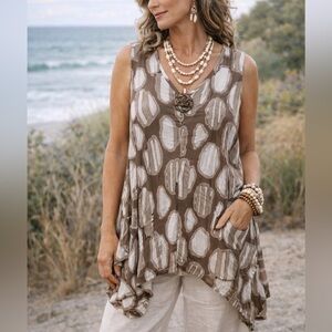 Dalin Women’s Mixed Media Stretchy Asymmetric Tunic Lagenlook Size XL Neutral